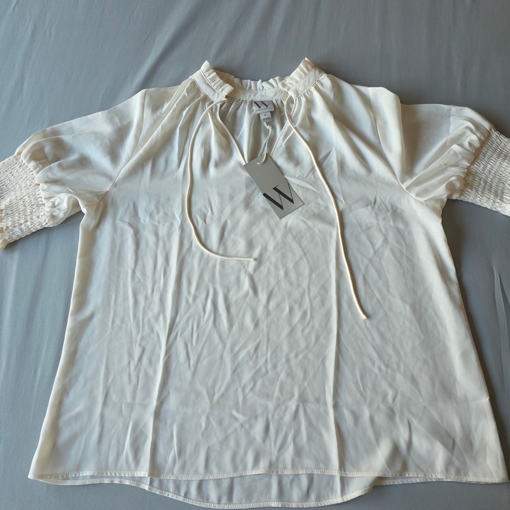 Worthington‎ Women's Cream Blouse Top Tie Neck Smocked Cuff New With Tags
